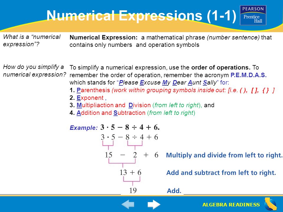 ALGEBRA READINESS Numerical Expressions (1-1) What is a numerical expression .