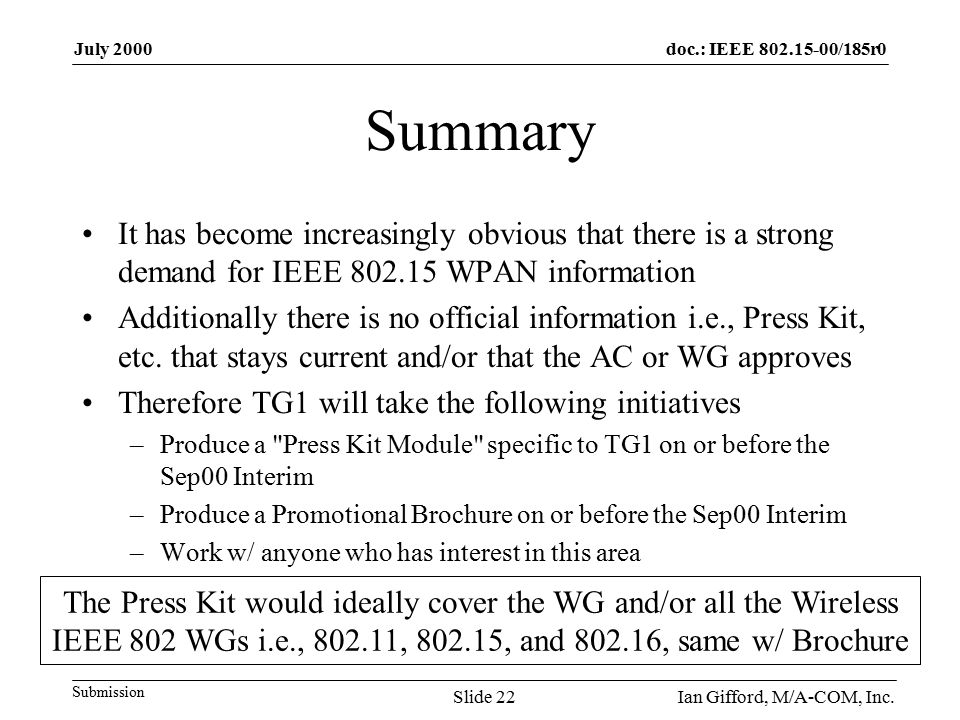 doc.: IEEE /185r0 Submission July 2000 Ian Gifford, M/A-COM, Inc.Slide 22 Summary It has become increasingly obvious that there is a strong demand for IEEE WPAN information Additionally there is no official information i.e., Press Kit, etc.