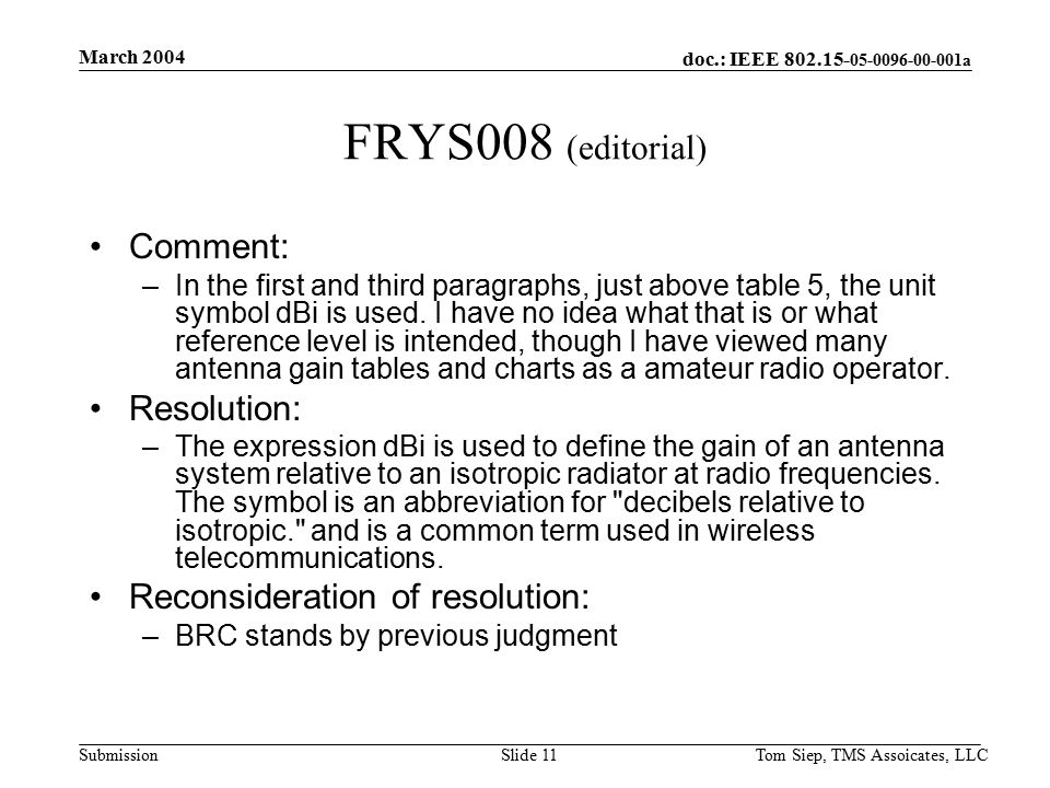 doc.: IEEE a Submission March 2004 Tom Siep, TMS Assoicates, LLCSlide 11 FRYS008 (editorial) Comment: –In the first and third paragraphs, just above table 5, the unit symbol dBi is used.