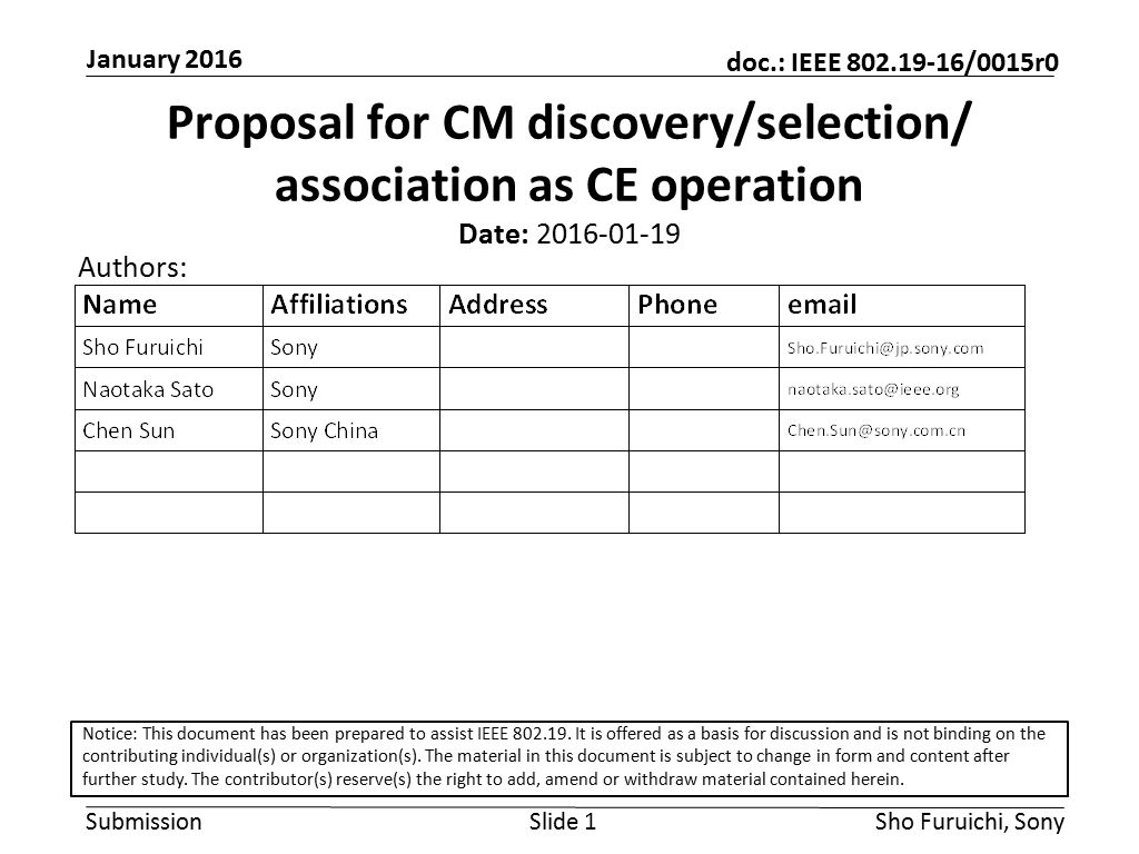 Submission doc.: IEEE /0015r0 January 2016 Sho Furuichi, SonySlide 1 Proposal for CM discovery/selection/ association as CE operation Date: Authors: Notice: This document has been prepared to assist IEEE