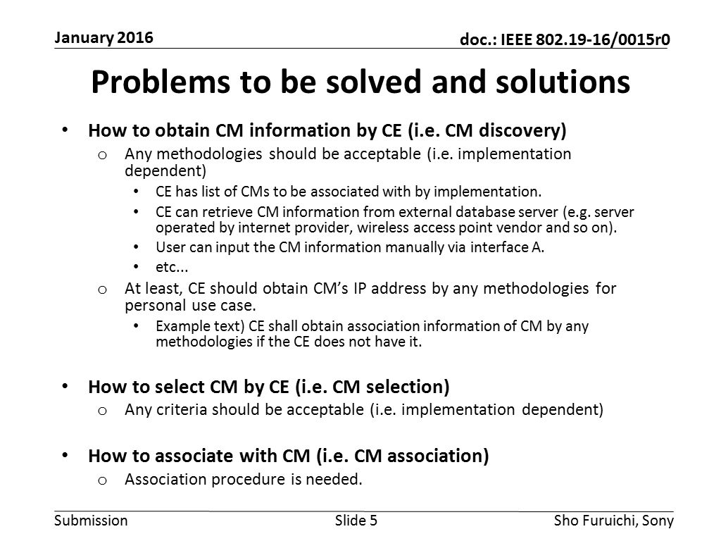 Submission doc.: IEEE /0015r0 Problems to be solved and solutions How to obtain CM information by CE (i.e.