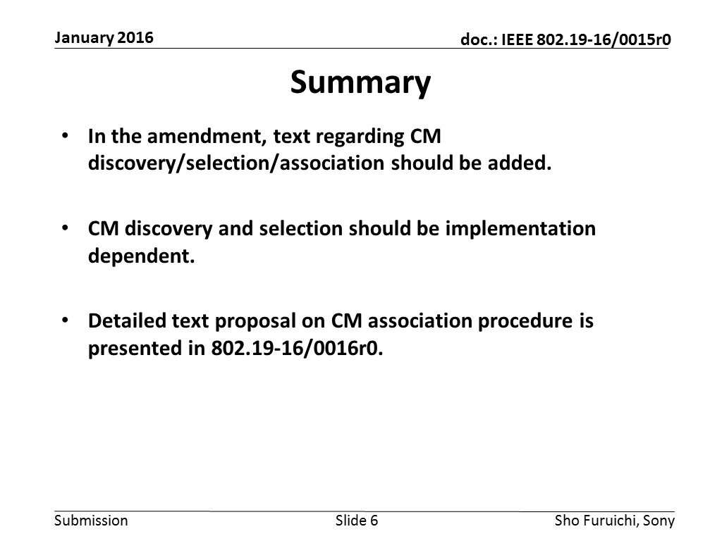 Submission doc.: IEEE /0015r0 Summary In the amendment, text regarding CM discovery/selection/association should be added.