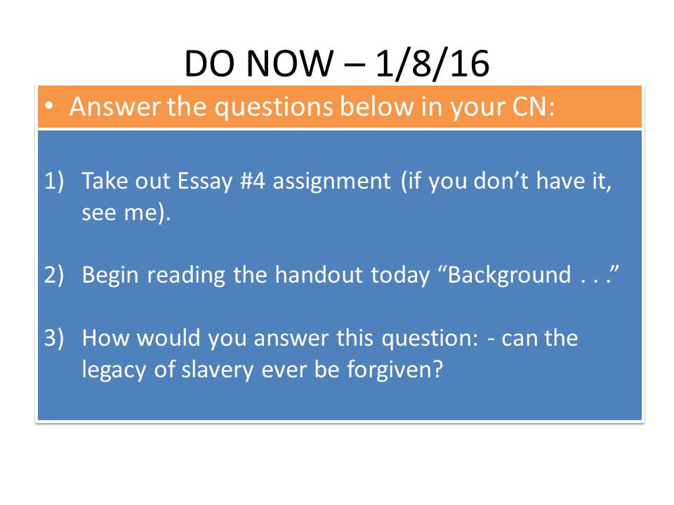 essay question on slavery Slavery in america essay examples 65 total results an essay on slavery in america 1,373 the question of whether historians overemphasized slavery as a cause of. essay question on slavery Slavery in america essay examples 65 total results an essay on slavery in america 1,373 the question of whether historians overemphasized slavery as a cause of.
