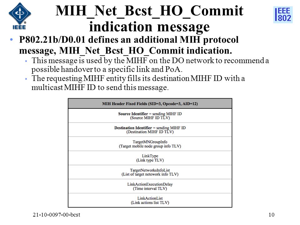 MIH_Net_Bcst_HO_Commit indication message P802.21b/D0.01 defines an additional MIH protocol message, MIH_Net_Bcst_HO_Commit indication.