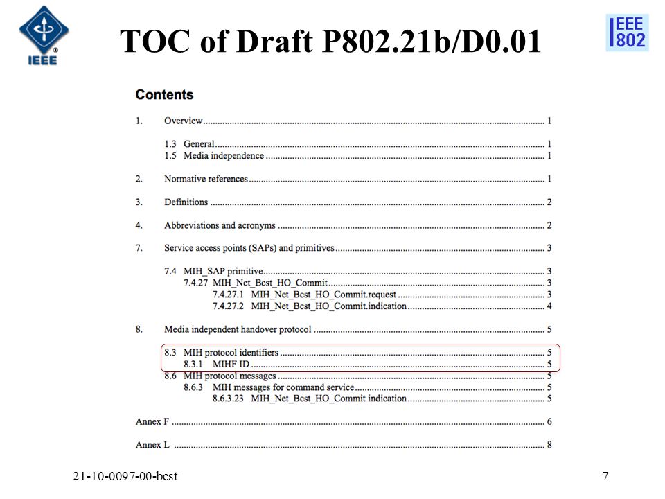 TOC of Draft P802.21b/D bcst7