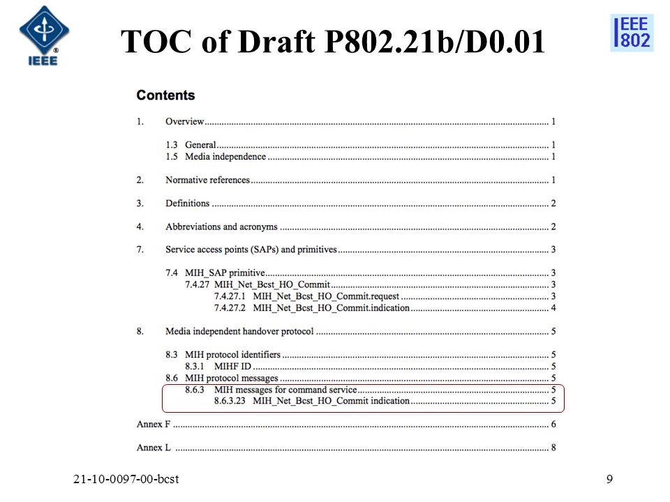 TOC of Draft P802.21b/D bcst9