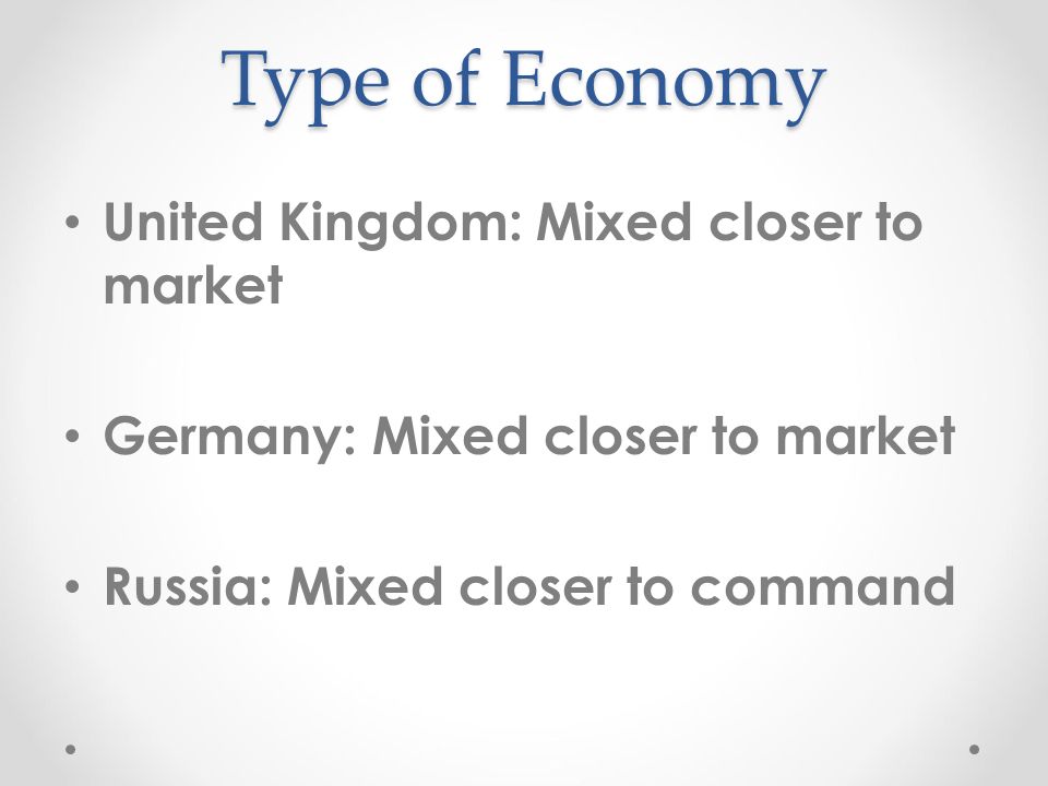 Type of Economy United Kingdom: Mixed closer to market Germany: Mixed closer to market Russia: Mixed closer to command