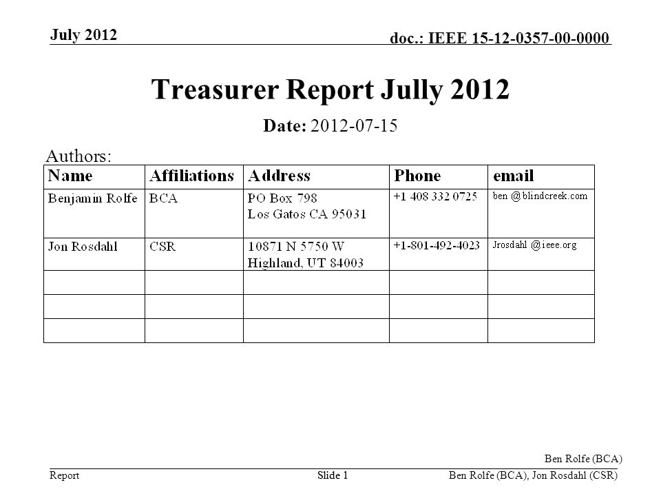 Report doc.: IEEE July 2012 Ben Rolfe (BCA), Jon Rosdahl (CSR)Slide 1 Treasurer Report Jully 2012 Date: Authors: Ben Rolfe (BCA)