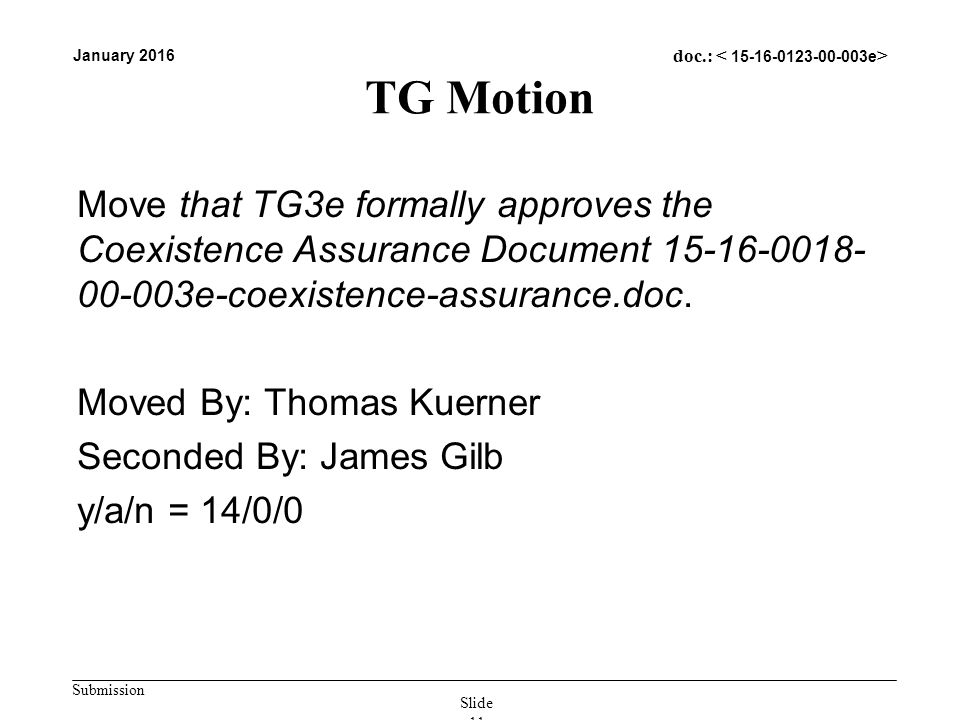Submission January 2016 doc.: TG Motion Move that TG3e formally approves the Coexistence Assurance Document e-coexistence-assurance.doc.