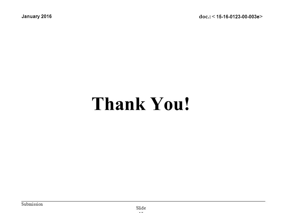 Submission January 2016 doc.: Thank You! Slide 13