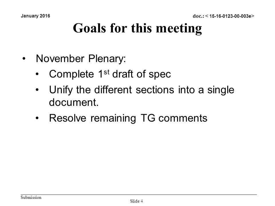 Submission January 2016 doc.: Goals for this meeting November Plenary: Complete 1 st draft of spec Unify the different sections into a single document.