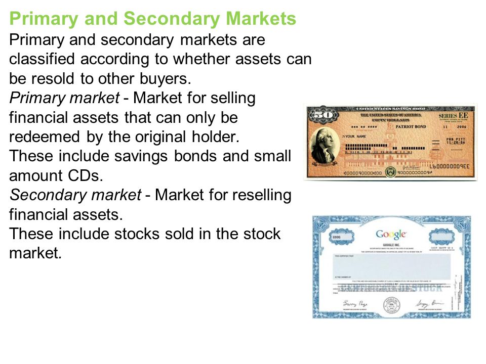 Primary and Secondary Markets Primary and secondary markets are classified according to whether assets can be resold to other buyers.