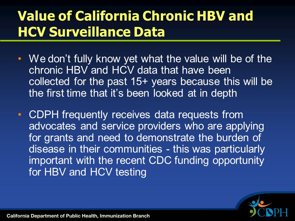 Value of California Chronic HBV and HCV Surveillance Data We don’t fully know yet what the value will be of the chronic HBV and HCV data that have been collected for the past 15+ years because this will be the first time that it’s been looked at in depth CDPH frequently receives data requests from advocates and service providers who are applying for grants and need to demonstrate the burden of disease in their communities - this was particularly important with the recent CDC funding opportunity for HBV and HCV testing