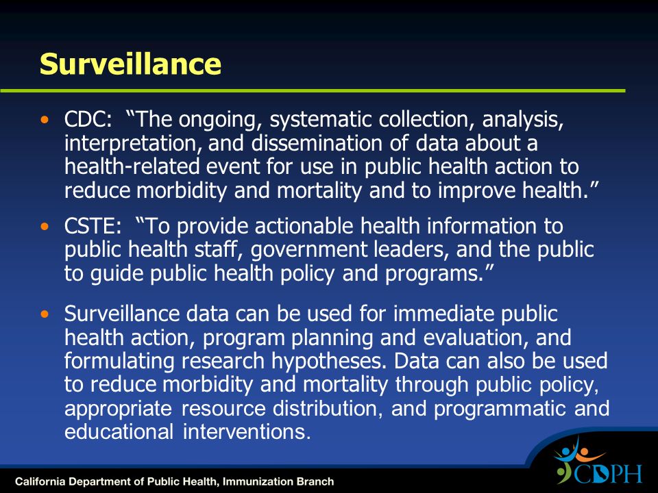 Surveillance CDC: The ongoing, systematic collection, analysis, interpretation, and dissemination of data about a health-related event for use in public health action to reduce morbidity and mortality and to improve health. CSTE: To provide actionable health information to public health staff, government leaders, and the public to guide public health policy and programs. Surveillance data can be used for immediate public health action, program planning and evaluation, and formulating research hypotheses.