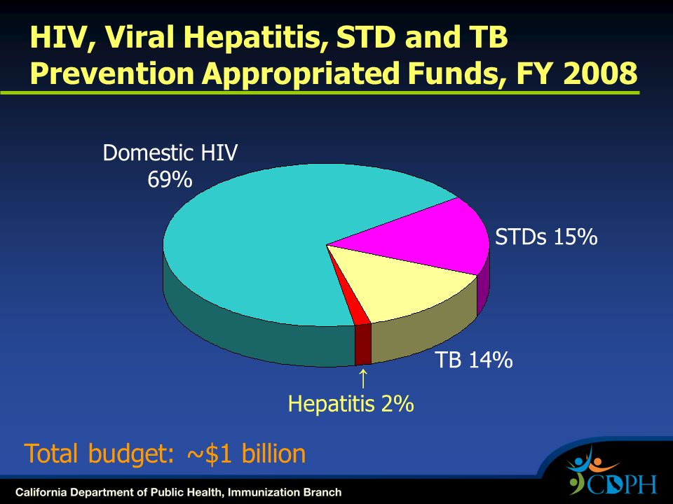 Domestic HIV 69% STDs 15% Total budget: ~$1 billion HIV, Viral Hepatitis, STD and TB Prevention Appropriated Funds, FY 2008 TB 14% Hepatitis 2% ↑