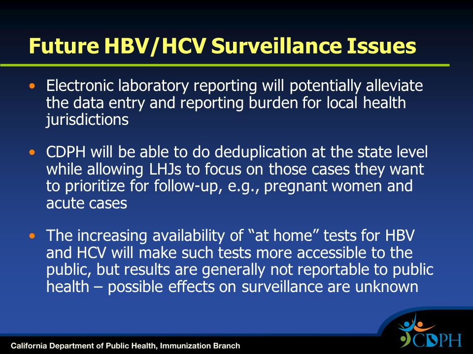 Future HBV/HCV Surveillance Issues Electronic laboratory reporting will potentially alleviate the data entry and reporting burden for local health jurisdictions CDPH will be able to do deduplication at the state level while allowing LHJs to focus on those cases they want to prioritize for follow-up, e.g., pregnant women and acute cases The increasing availability of at home tests for HBV and HCV will make such tests more accessible to the public, but results are generally not reportable to public health – possible effects on surveillance are unknown