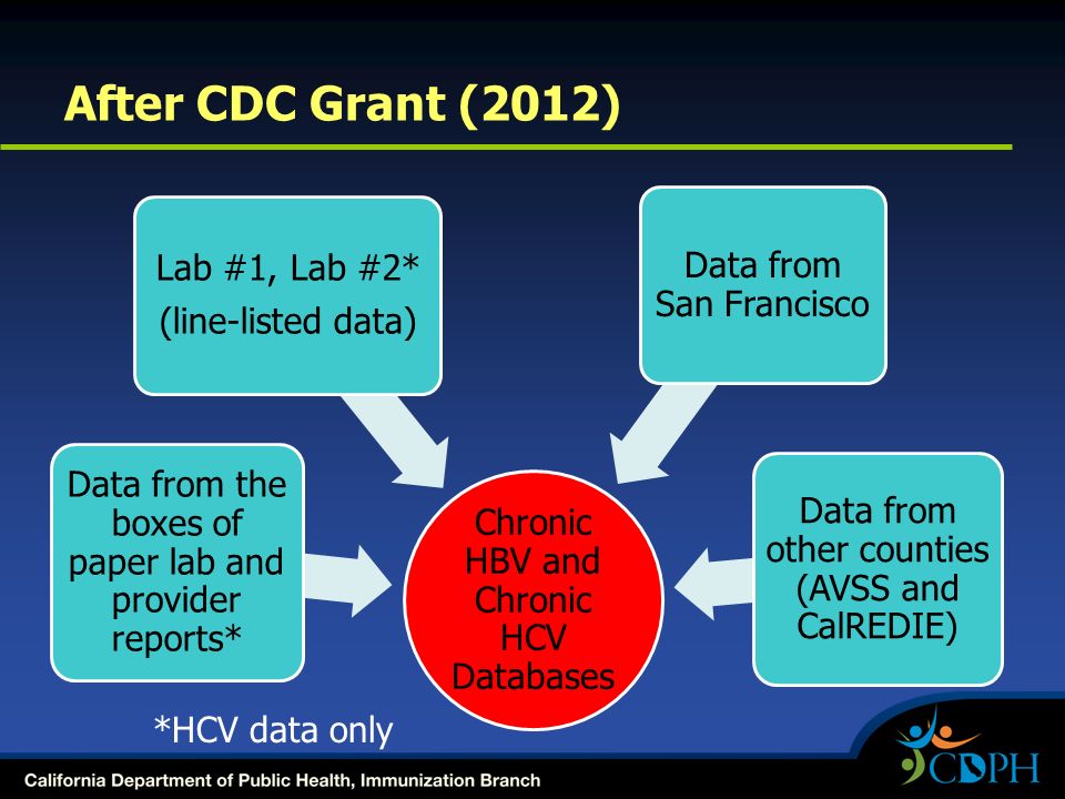 After CDC Grant (2012) Chronic HBV and Chronic HCV Databases Data from the boxes of paper lab and provider reports* Lab #1, Lab #2* (line-listed data) Data from San Francisco Data from other counties (AVSS and CalREDIE) *HCV data only