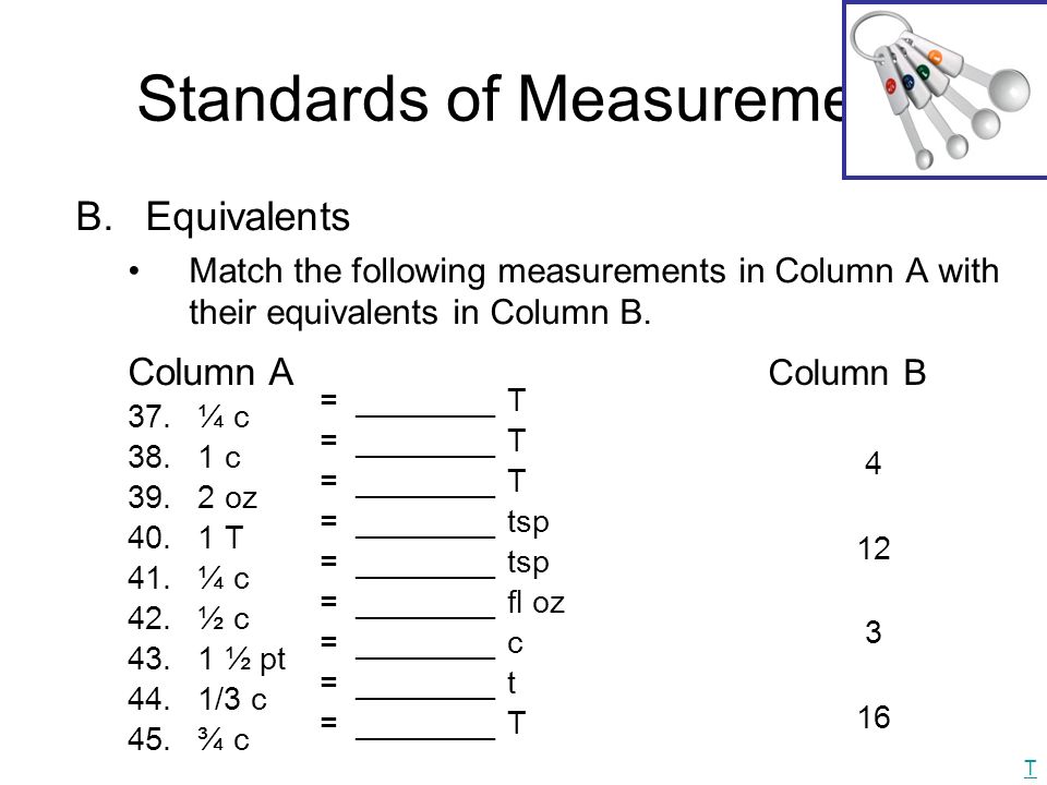Standards of Measurement B.Equivalents Match the following measurements in Column A with their equivalents in Column B.
