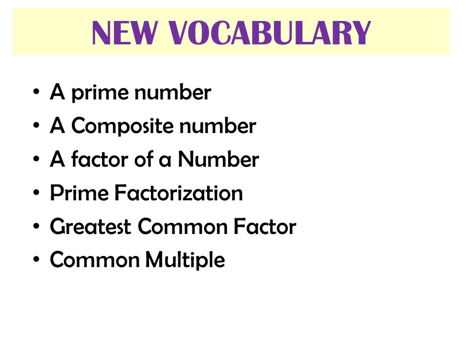 A prime number A Composite number A factor of a Number Prime Factorization Greatest Common Factor Common Multiple NEW VOCABULARY