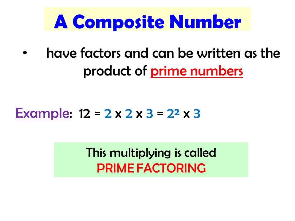 have factors and can be written as the product of prime numbers Example: 12 = 2 x 2 x 3 = 2² x 3 A Composite Number This multiplying is called PRIME FACTORING