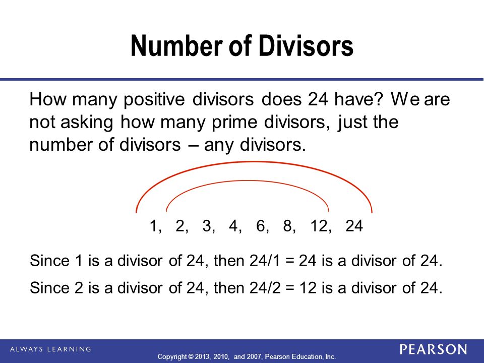 Number of Divisors How many positive divisors does 24 have.