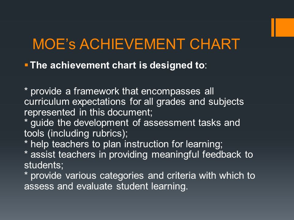 MOE’s ACHIEVEMENT CHART  The achievement chart is designed to: * provide a framework that encompasses all curriculum expectations for all grades and subjects represented in this document; * guide the development of assessment tasks and tools (including rubrics); * help teachers to plan instruction for learning; * assist teachers in providing meaningful feedback to students; * provide various categories and criteria with which to assess and evaluate student learning.