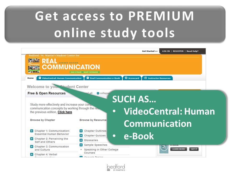Get access to PREMIUM online study tools Get access to PREMIUM online study tools SUCH AS… VideoCentral: Human Communication e-Book