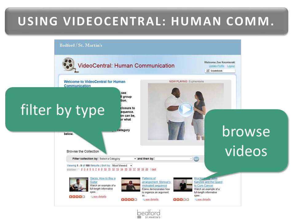 USING VIDEOCENTRAL: HUMAN COMM. browse videos filter by type