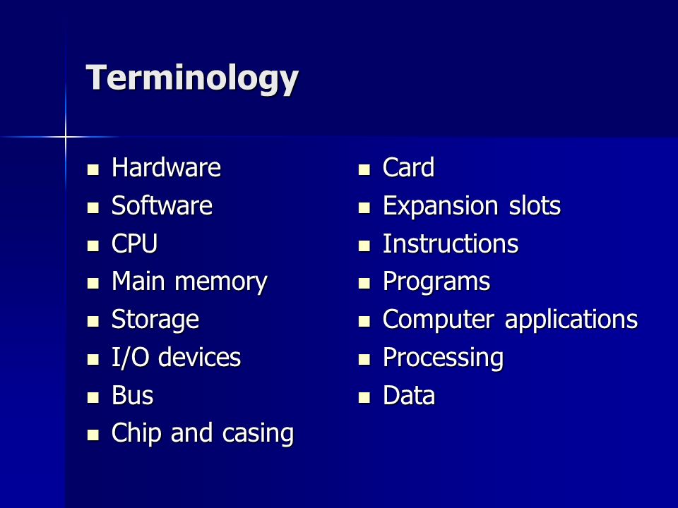 Terminology Hardware Hardware Software Software CPU CPU Main memory Main memory Storage Storage I/O devices I/O devices Bus Bus Chip and casing Chip and casing Card Card Expansion slots Expansion slots Instructions Instructions Programs Programs Computer applications Computer applications Processing Processing Data Data