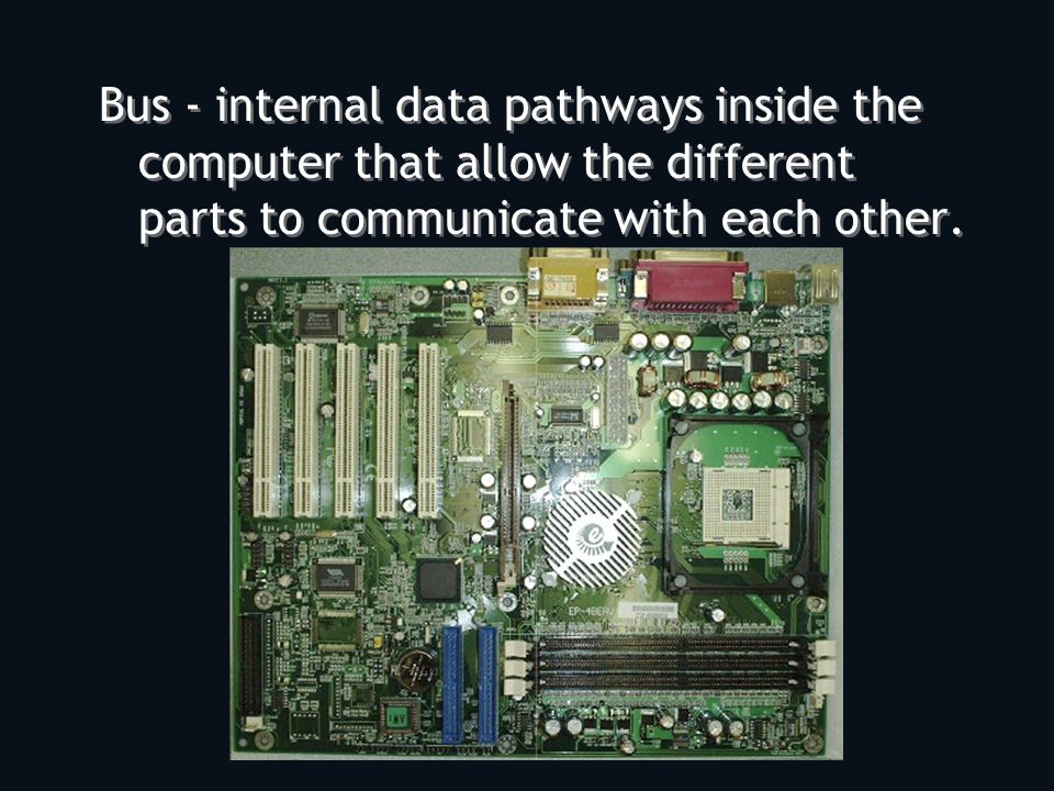 Bus - internal data pathways inside the computer that allow the different parts to communicate with each other.