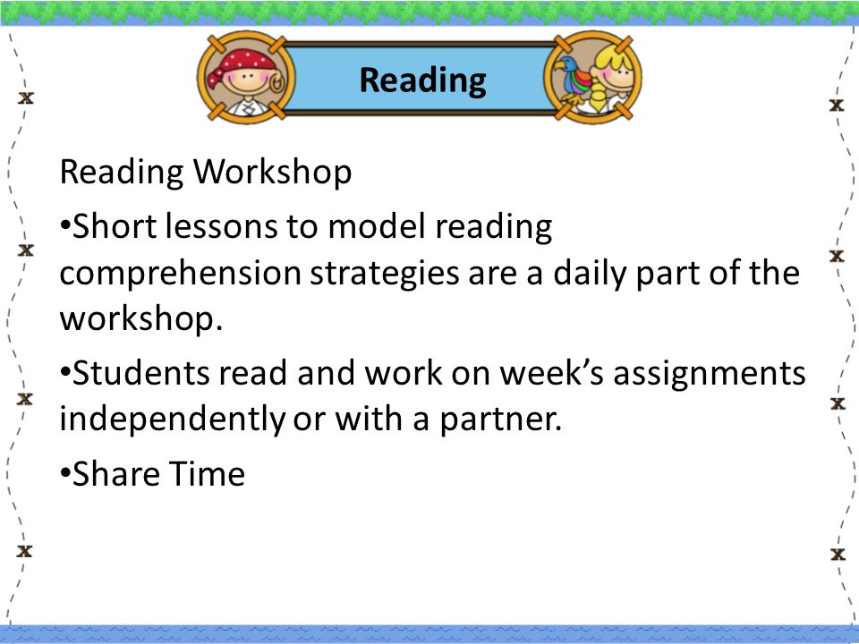 Reading Reading Workshop Short lessons to model reading comprehension strategies are a daily part of the workshop.