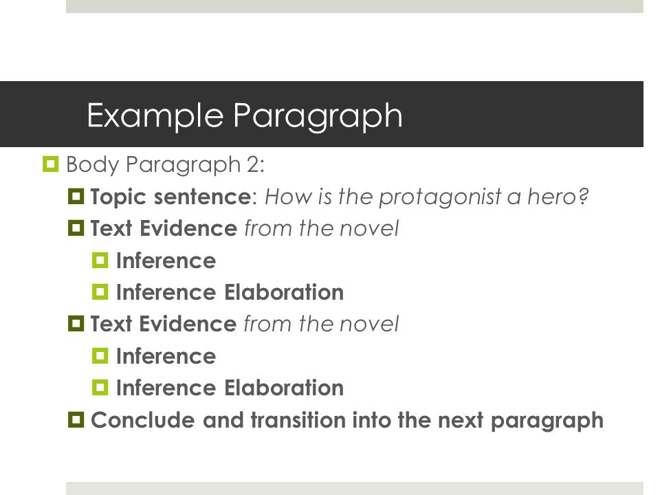 Example Paragraph  Body Paragraph 2:  Topic sentence : How is the protagonist a hero.