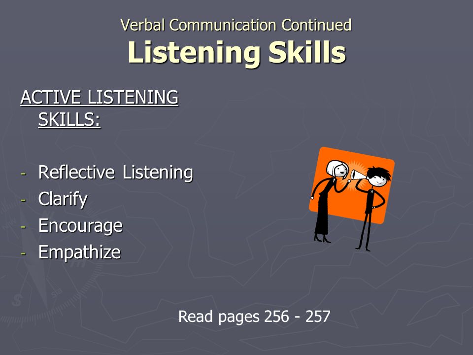 Verbal Communication Continued Listening Skills ACTIVE LISTENING SKILLS: - Reflective Listening - Clarify - Encourage - Empathize Read pages