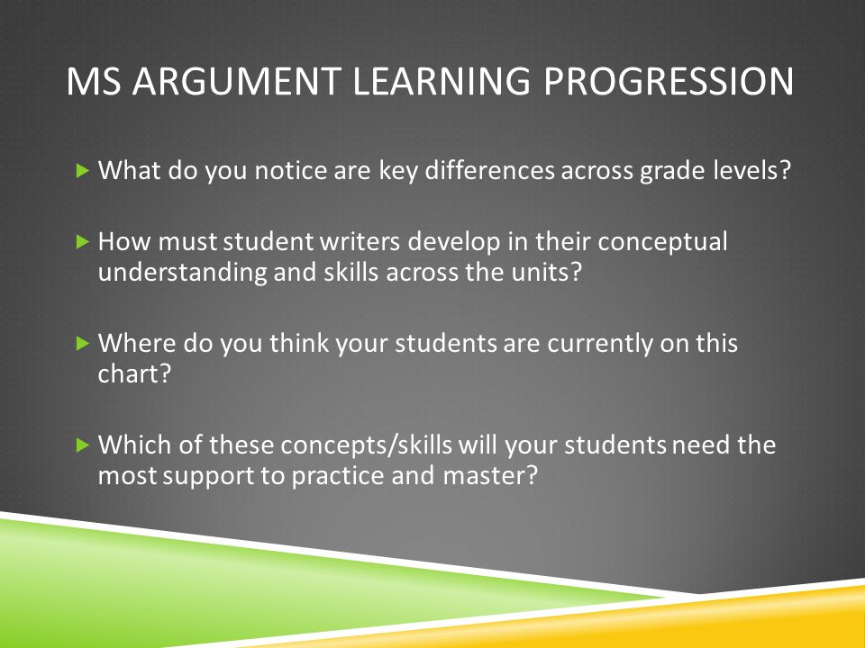 MS ARGUMENT LEARNING PROGRESSION  What do you notice are key differences across grade levels.