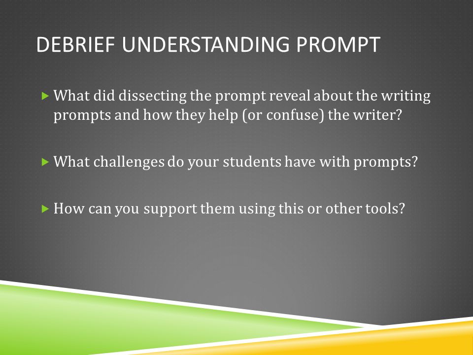 DEBRIEF UNDERSTANDING PROMPT  What did dissecting the prompt reveal about the writing prompts and how they help (or confuse) the writer.