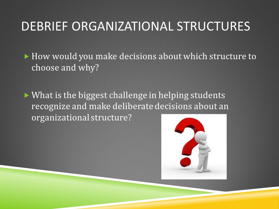 DEBRIEF ORGANIZATIONAL STRUCTURES  How would you make decisions about which structure to choose and why.