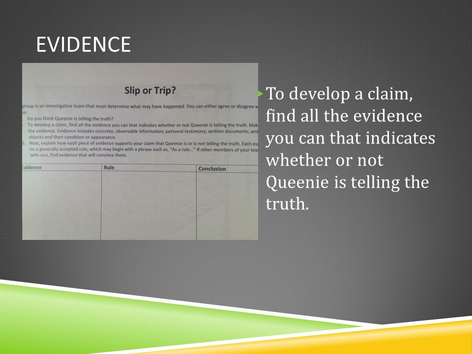 EVIDENCE  To develop a claim, find all the evidence you can that indicates whether or not Queenie is telling the truth.