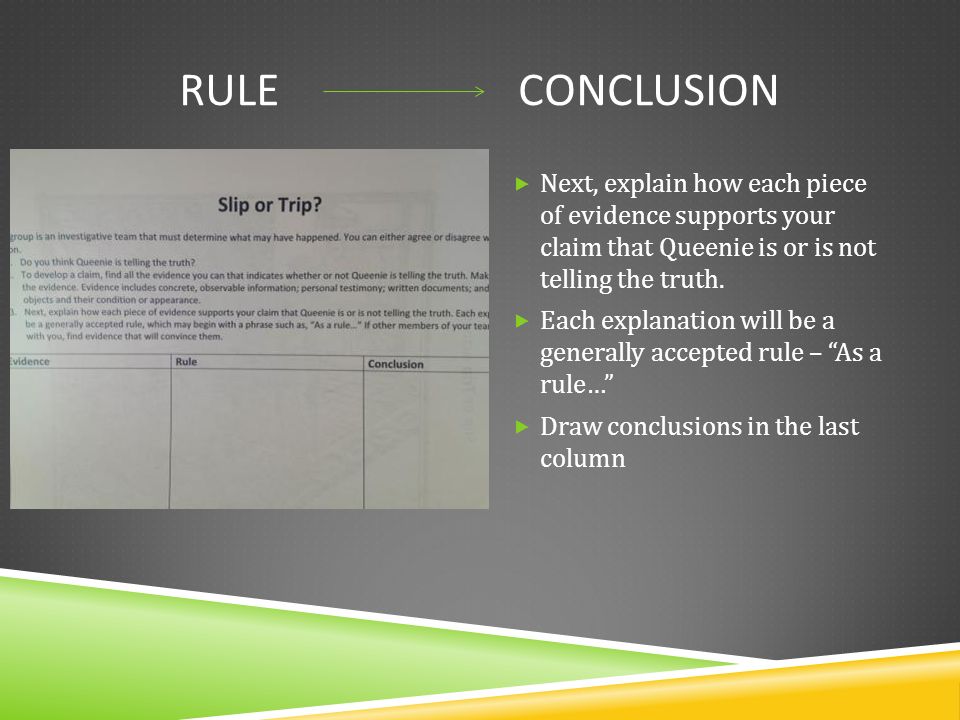 RULE CONCLUSION  Next, explain how each piece of evidence supports your claim that Queenie is or is not telling the truth.