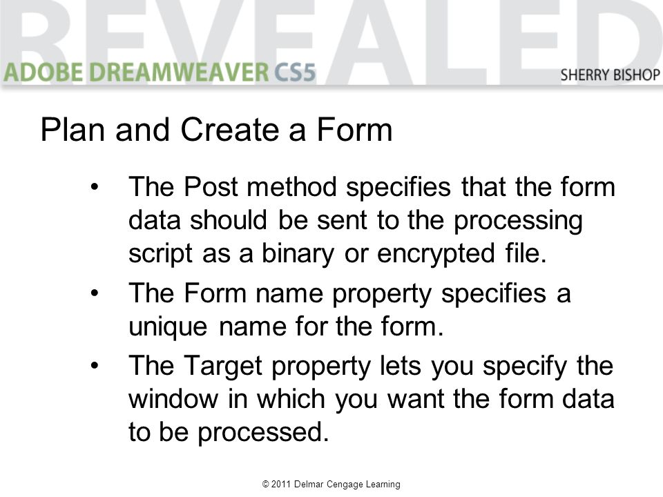 © 2011 Delmar Cengage Learning Plan and Create a Form The Post method specifies that the form data should be sent to the processing script as a binary or encrypted file.