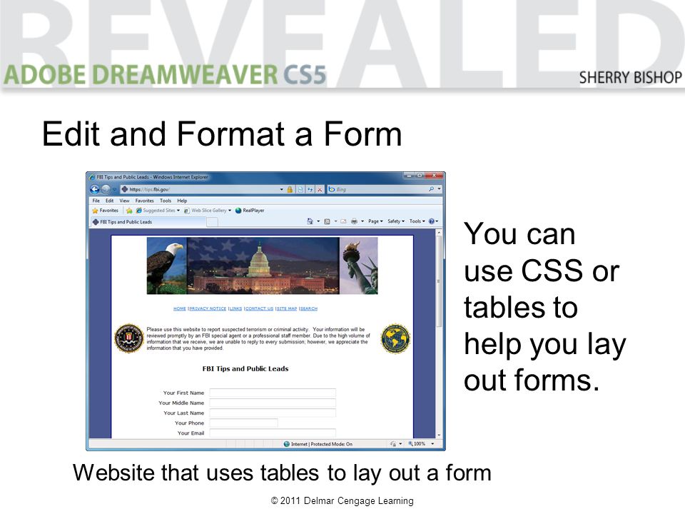 © 2011 Delmar Cengage Learning Edit and Format a Form You can use CSS or tables to help you lay out forms.