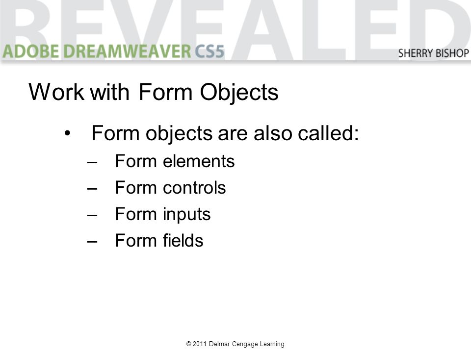 © 2011 Delmar Cengage Learning Work with Form Objects Form objects are also called: –Form elements –Form controls –Form inputs –Form fields