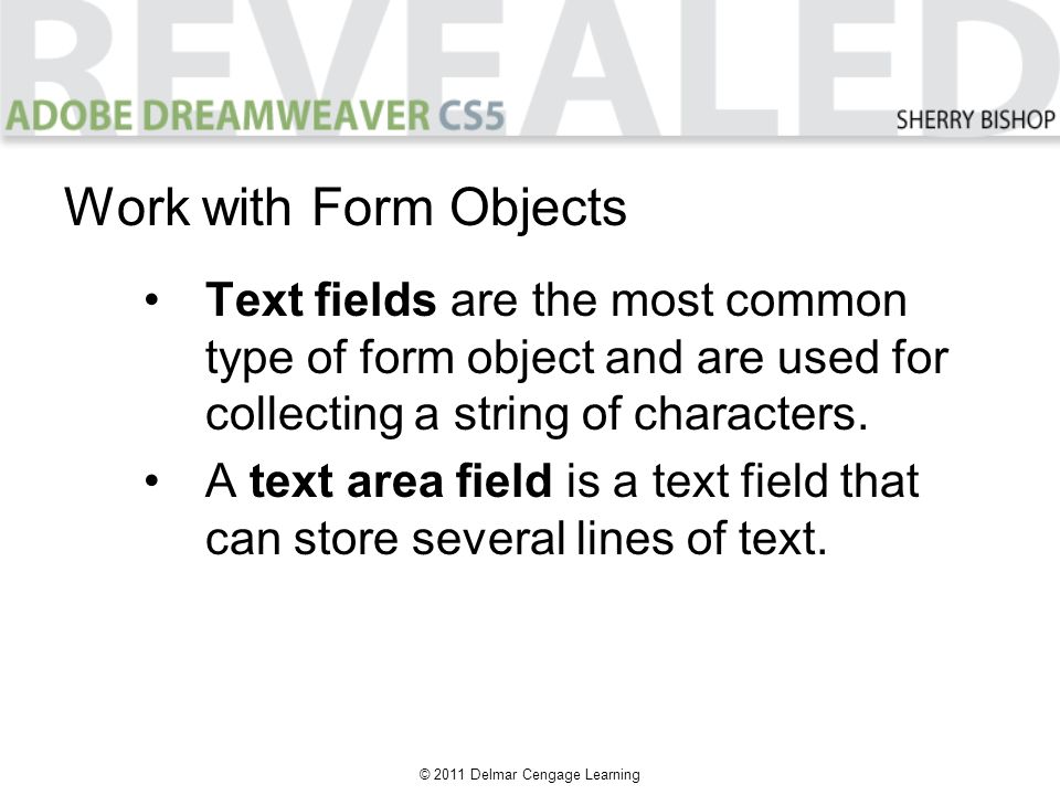 © 2011 Delmar Cengage Learning Work with Form Objects Text fields are the most common type of form object and are used for collecting a string of characters.
