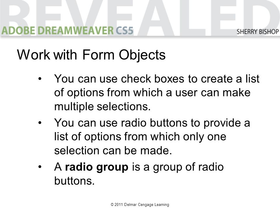 © 2011 Delmar Cengage Learning Work with Form Objects You can use check boxes to create a list of options from which a user can make multiple selections.