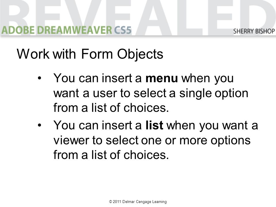 © 2011 Delmar Cengage Learning Work with Form Objects You can insert a menu when you want a user to select a single option from a list of choices.