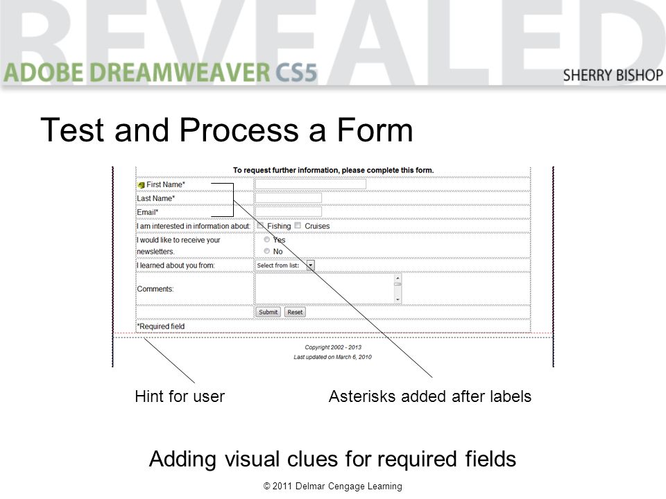© 2011 Delmar Cengage Learning Test and Process a Form Adding visual clues for required fields Hint for userAsterisks added after labels