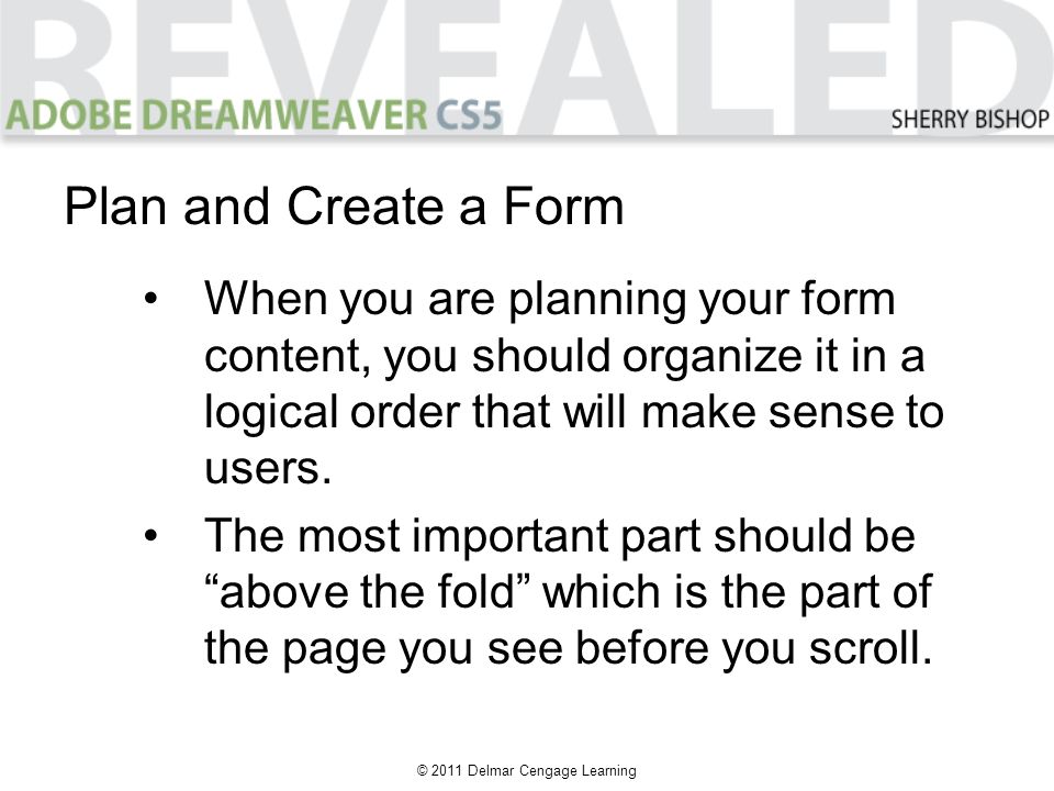 © 2011 Delmar Cengage Learning Plan and Create a Form When you are planning your form content, you should organize it in a logical order that will make sense to users.