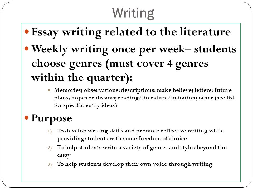 Writing Essay writing related to the literature Weekly writing once per week– students choose genres (must cover 4 genres within the quarter): Memories; observations; descriptions; make believe; letters; future plans, hopes or dreams; reading/literature/imitation; other (see list for specific entry ideas) Purpose 1) To develop writing skills and promote reflective writing while providing students with some freedom of choice 2) To help students write a variety of genres and styles beyond the essay 3) To help students develop their own voice through writing
