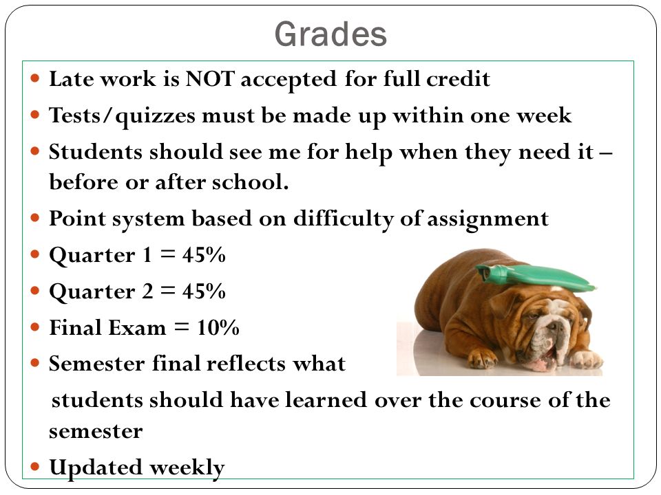 Grades Late work is NOT accepted for full credit Tests/quizzes must be made up within one week Students should see me for help when they need it – before or after school.