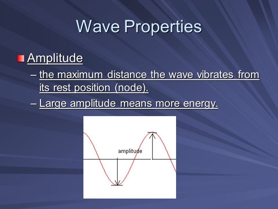 Wave Properties Amplitude –the maximum distance the wave vibrates from its rest position (node).