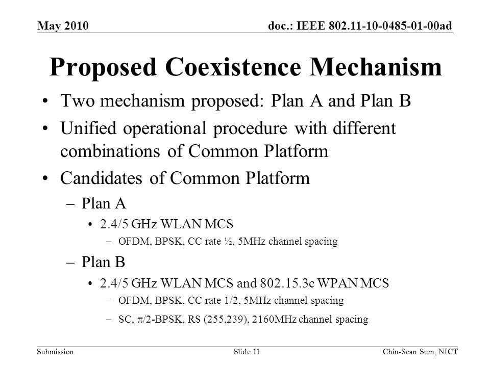 doc.: IEEE ad Submission Proposed Coexistence Mechanism Two mechanism proposed: Plan A and Plan B Unified operational procedure with different combinations of Common Platform Candidates of Common Platform –Plan A 2.4/5 GHz WLAN MCS –OFDM, BPSK, CC rate ½, 5MHz channel spacing –Plan B 2.4/5 GHz WLAN MCS and c WPAN MCS –OFDM, BPSK, CC rate 1/2, 5MHz channel spacing –SC,  /2-BPSK, RS (255,239), 2160MHz channel spacing May 2010 Chin-Sean Sum, NICTSlide 11